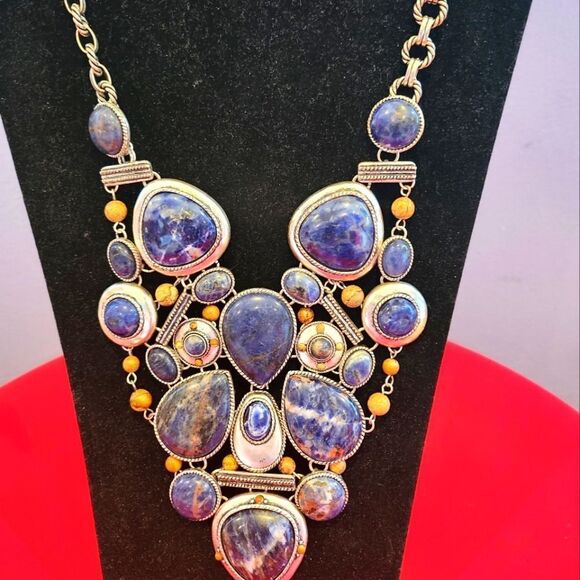 Elegant Blue and Gold Statement Necklace - Picture 1 of 6
